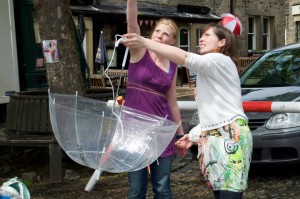Umbrella installation - Bryony and Becky