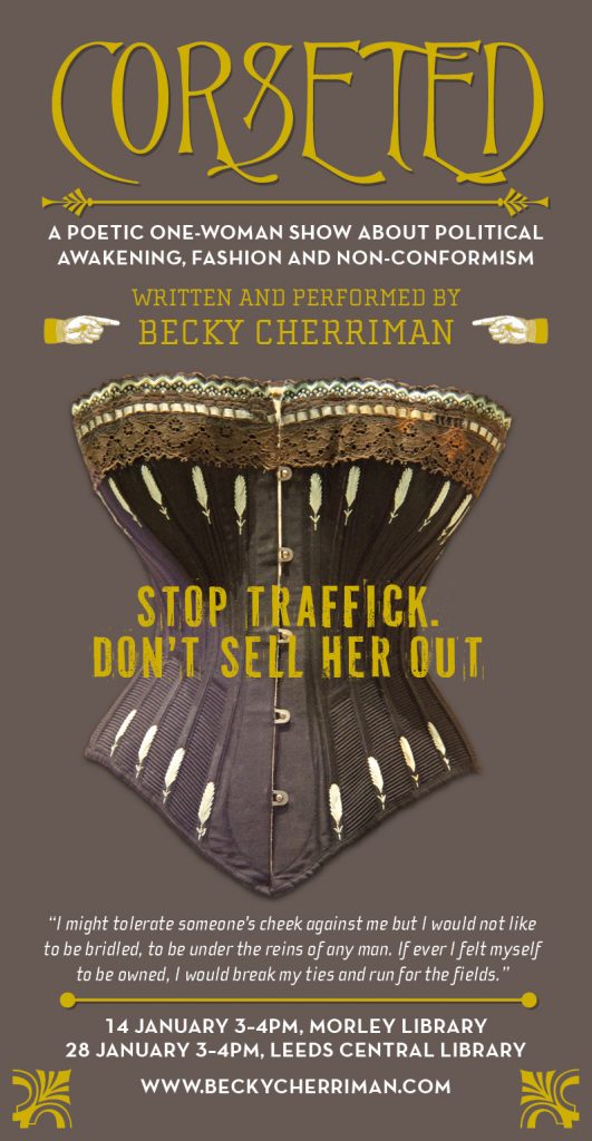 flier depicting corset with Stop Traffick. Don't Sell Her Out