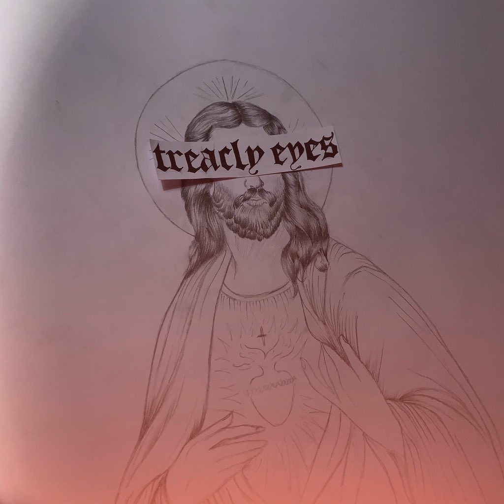 Sketch of Jesus Christ with phrase from poem 'treacly eyes' over his eyes. 