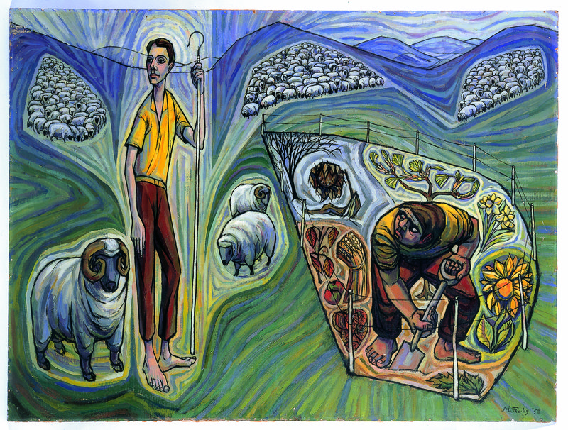 Painting of thin man in the light standing with shepherd’s crook surrounded by sheep. A stout man is in the shadow, crouched low to the ground among vegetables. He wears a sour expression.